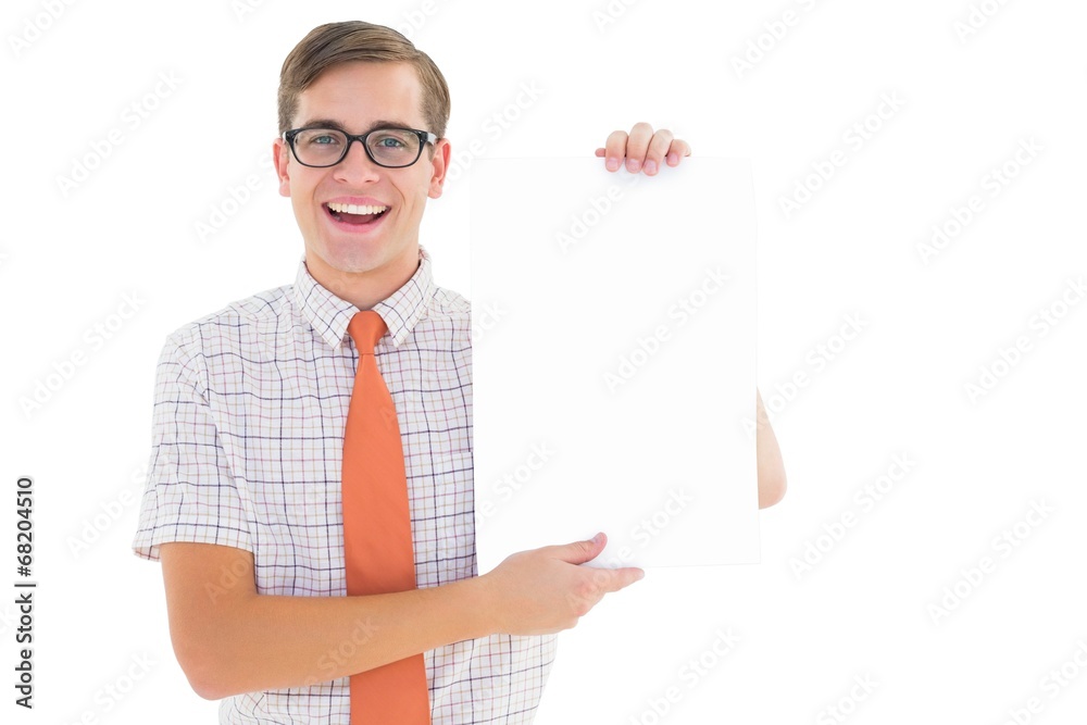 Poster Geeky hipster smiling and showing card