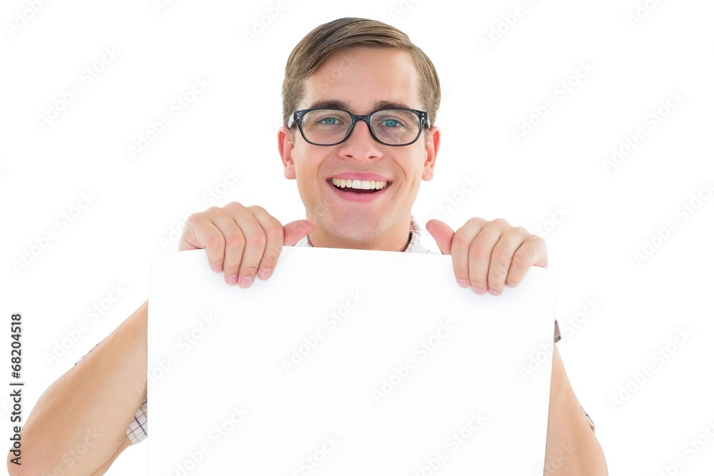 Poster Geeky hipster smiling and showing card