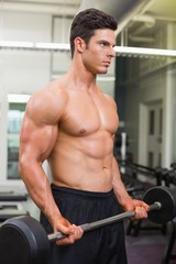 Obraz na płótnie Canvas Shirtless muscular man lifting barbell in gym