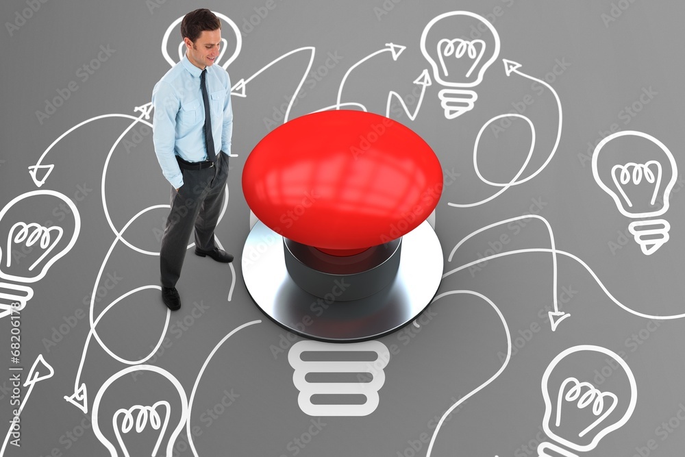 Poster Composite image of happy businessman with button