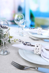 Dining table setting with lavender flowers