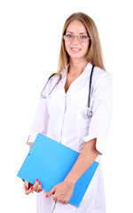 Young beautiful doctor holding folder isolated on white