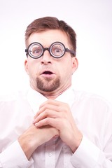 Pervert nerd looking at imaginary boobs