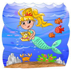 Cute mermaid with treasure box in the ocean. © carlafcastagno