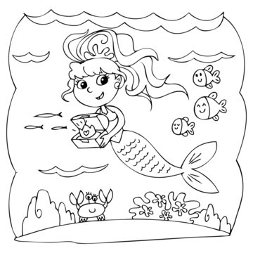 Coloring mermaid with treasure box in the ocean