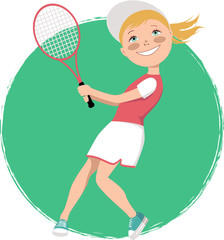 Cartoon little girl playing tennis
