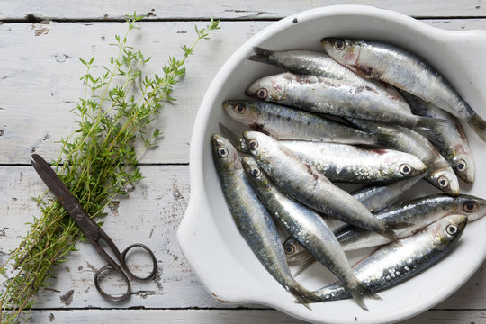 sardines on dish with thyme sprigs on rustic background
