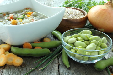 Traditional fava bean soup made with garden vegetables