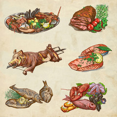 Food around the World, an hand drawn colored illustration