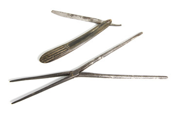 Old Shaving Razor and Old Surgeon Tweezers