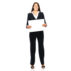 Business woman happy smiling presenting empty copy space sign