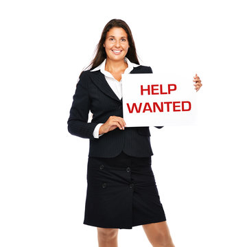 Business woman showing help wanted sign