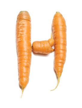 Alphabet letter H arranged from fresh carrots isolated