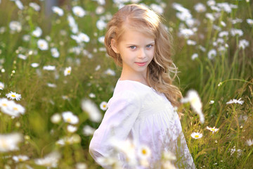 portrait of a beautiful little girl with chamomile