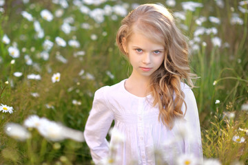Fototapeta premium portrait of a beautiful little girl with chamomile