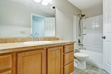 Fototapeta na wymiar Empty bathroom with wooden vanity cabinet