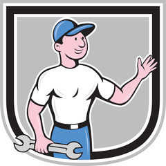 Mechanic Hold Spanner Waving Hand Cartoon