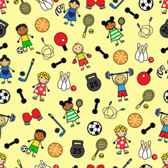 Cartoon seamless pattern with sport equipment and Children