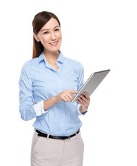 Asian businesswoman use tablet on white background