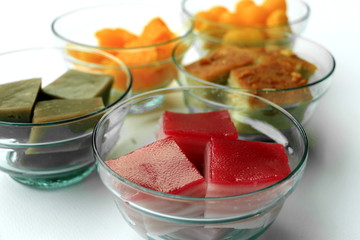 A set of colorful traditional Thai desserts