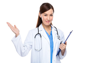 Asian female doctor open palm present with clipboard