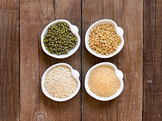 Raw Organic Amaranth and quinoa grains, wheat and mung beans