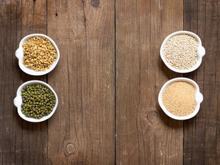 Raw Organic Amaranth and quinoa grains, wheat and mung beans