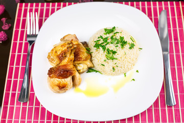 Roasted chicken drumsticks and rice