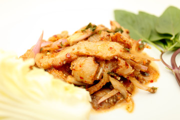 Thai cuisine spicy pork salad , Moo Nam Tok isolated white backg
