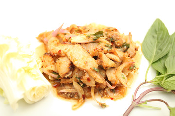 Thai cuisine spicy pork salad , Moo Nam Tok isolated white backg