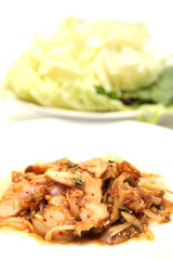 Thai cuisine spicy pork salad , Moo Nam Tok isolated white backg