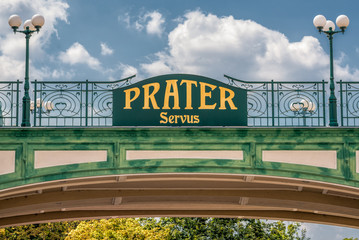 Welcome sign at the entry of the public Prater Park in Vienna
