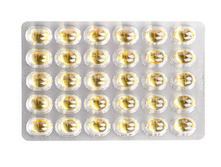 fish oil capsules in blister pack, isolated on white background