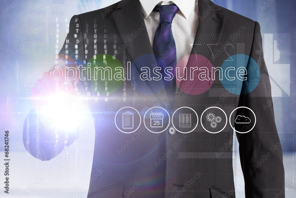 Poster businessman touching the words optimal assurance on interface