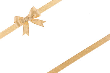 Golden ribbon with a bow on white background