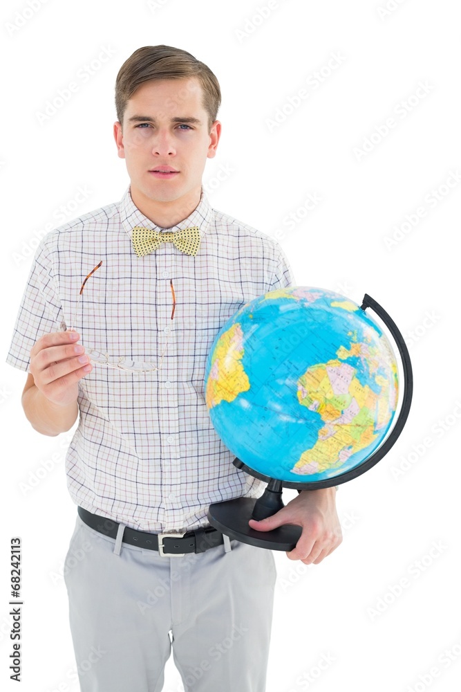 Poster geeky hipster holding a globe