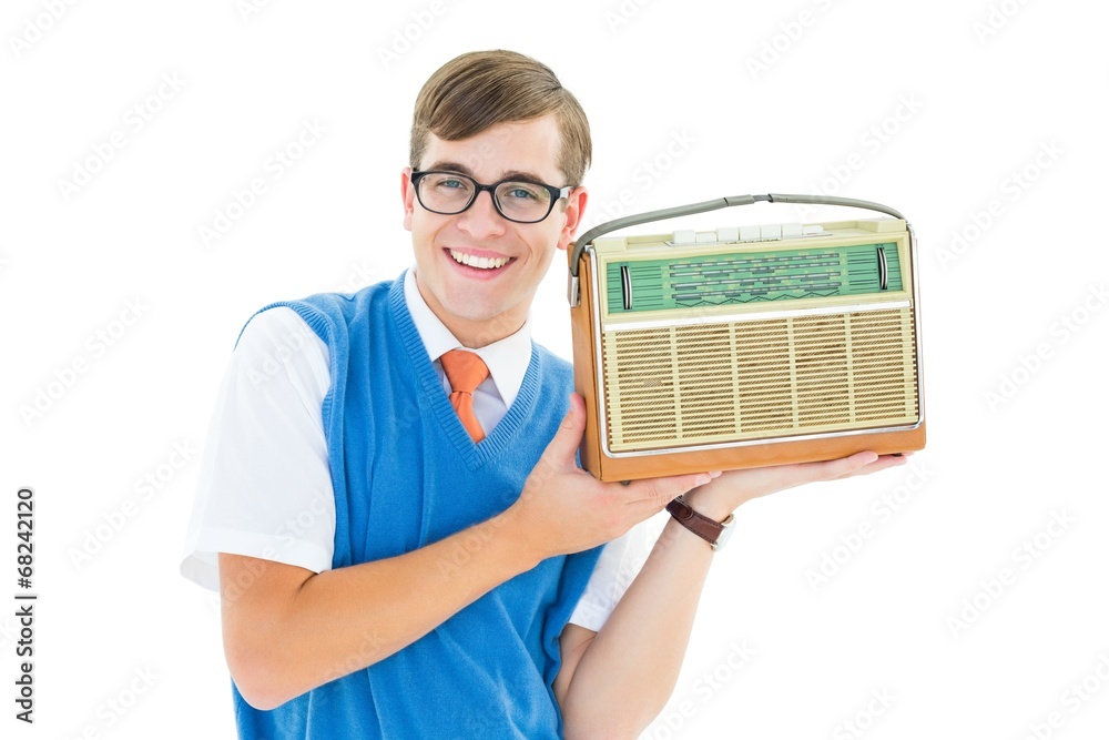 Poster geeky hipster listening to retro radio