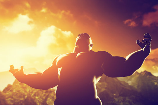 Muscular strong man with hero, athletic body shape showing power