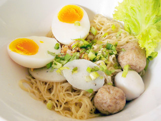 Thai noodle soup with pork ball and egg