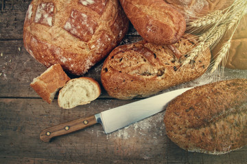 Assortment of breads on wood