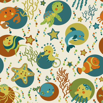 Sea creatures seamless pattern