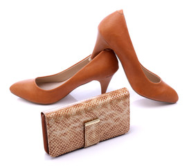 Women's shoes and gold wallet on white background
