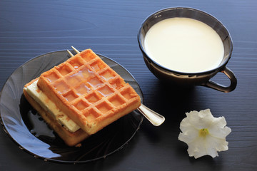 Mug of milk, waffles with honey on a dark background