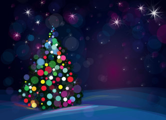 Vector Christmas tree on starry background.