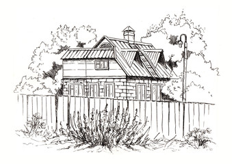 Rural landscape with old farmhouse.