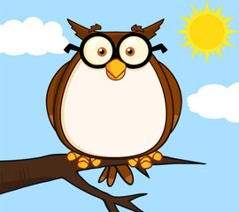 Wise Owl On Tree Cartoon Character