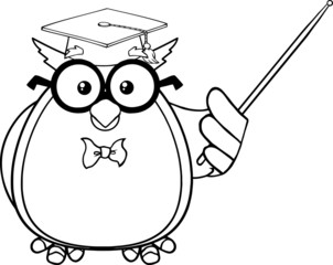 Black And White Wise Owl Teacher Character With A Pointer