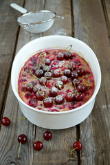 Clafoutis with cherries in the baking dish