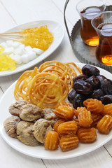 iranian tea and sweets, zoolbia, bamieh & dry fruits