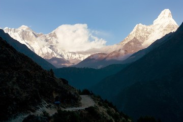 panoramic evening view of Ama Dablam, Mount Everest and Lhotse